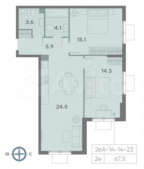 2-к. квартира, 67,5 м², 19/23 эт.