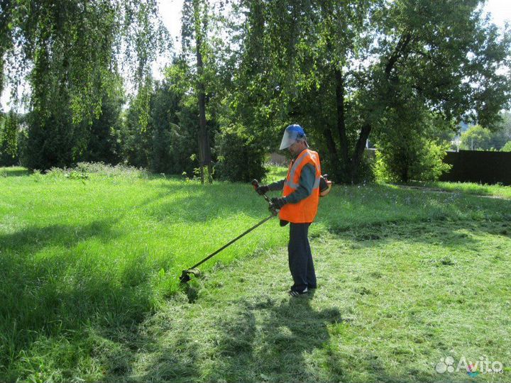 Покос травы триммером, вырубка деревьев