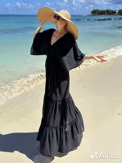 Черная длинная пляжная туника накидка халатик