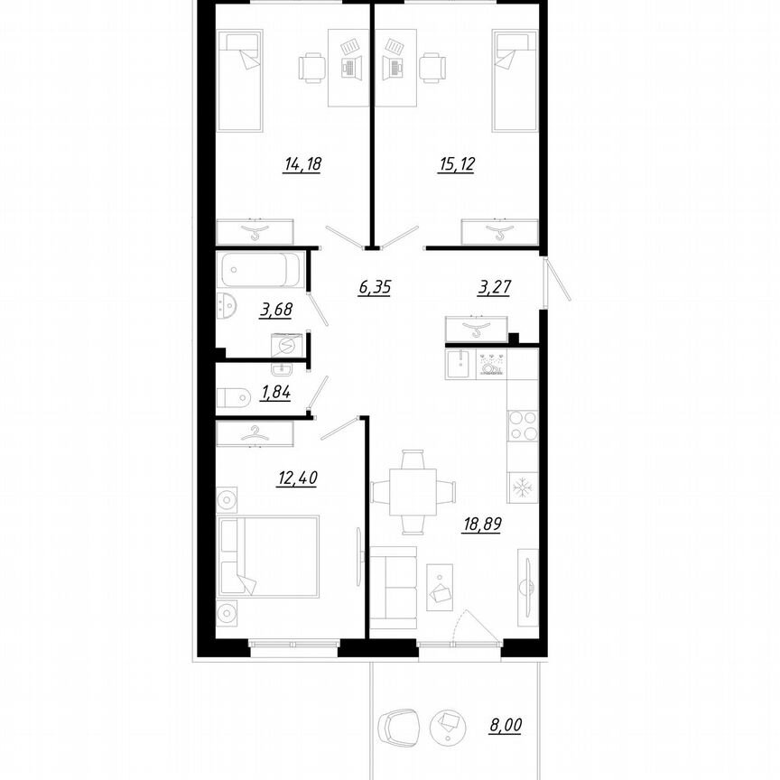 3-к. квартира, 78,1 м², 1/5 эт.