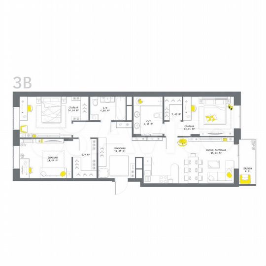 3-к. квартира, 101,9 м², 11/25 эт.