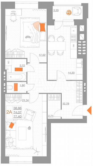 2-к. квартира, 77,4 м², 1/5 эт.