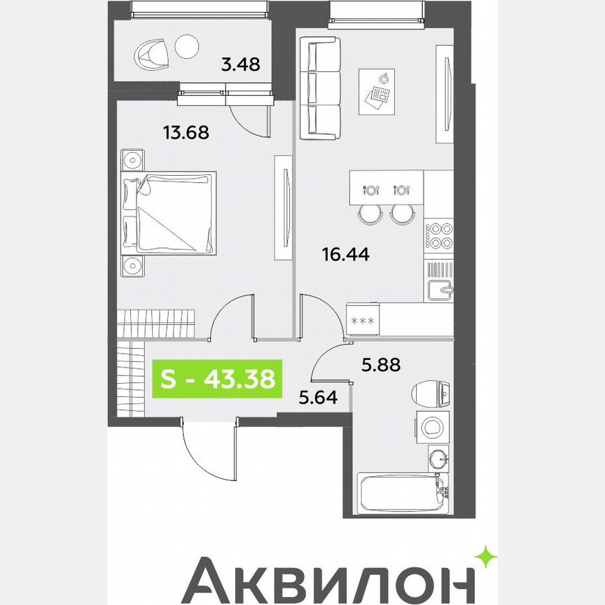 1-к. квартира, 43,4 м², 1/12 эт.