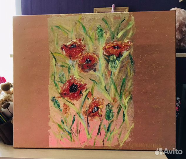 Картина интерьерная с красными маками на патали