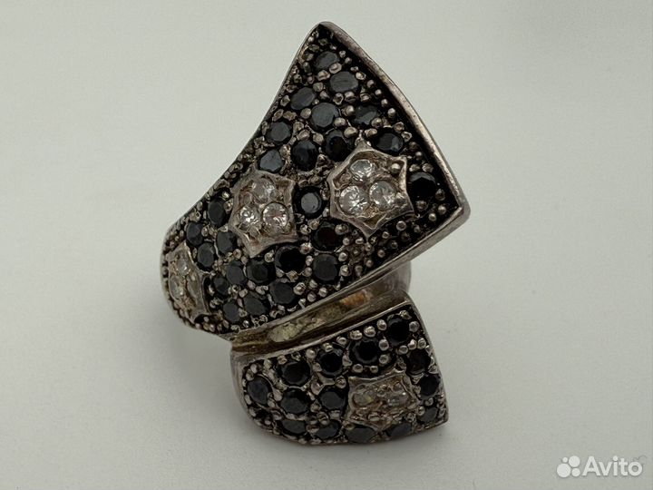 Кольцо серебро 925 звезды чёрный агат/фианит