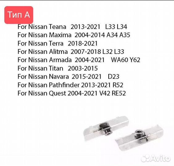 Подсветка в двери с проекцией логотипа Ниссан 2шт