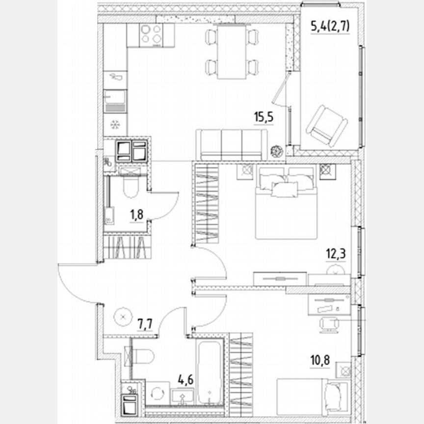 2-к. квартира, 55,4 м², 2/12 эт.