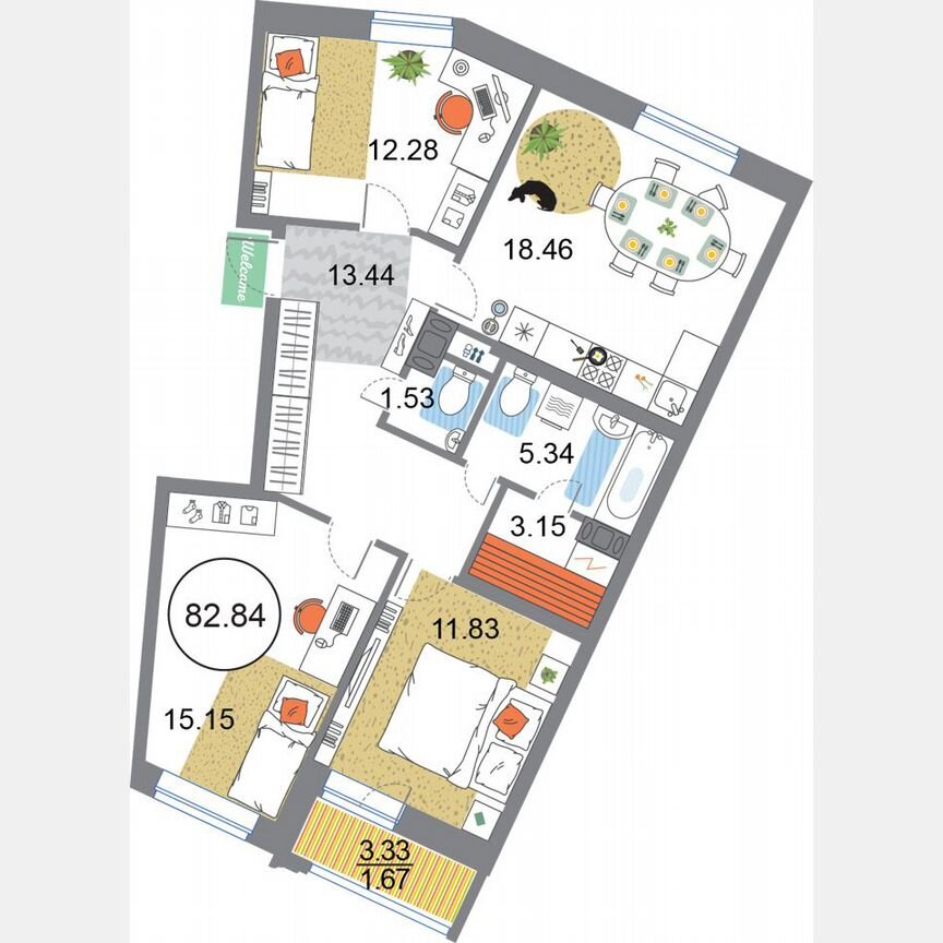 3-к. квартира, 82,8 м², 6/12 эт.