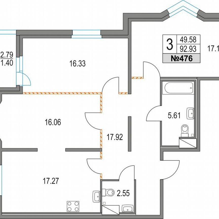 3-к. квартира, 92,9 м², 8/21 эт.