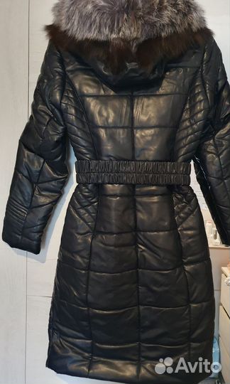 Пуховик зимний кожаный с капюшоном