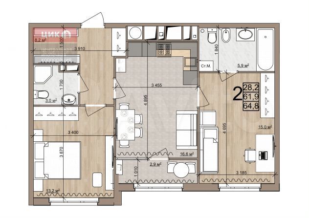 2-к. квартира, 64,8 м², 19/25 эт.