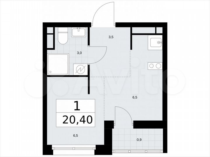 Квартира-студия, 20,4 м², 3/9 эт.