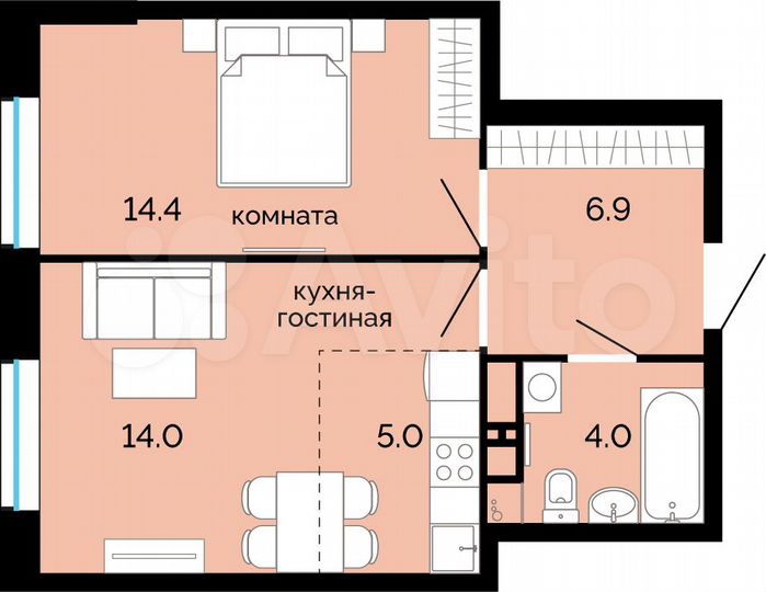 2-к. квартира, 44,3 м², 6/25 эт.
