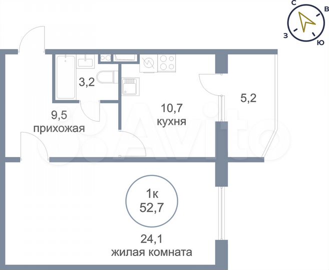 1-к. квартира, 52,7 м², 2/7 эт.