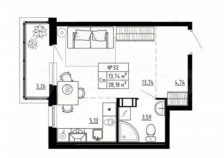 Квартира-студия, 28,2 м², 4/4 эт.