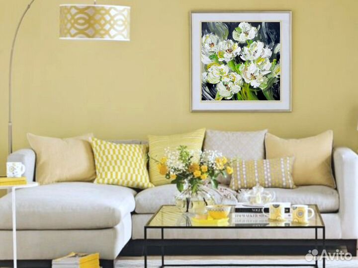 Текстурная картина Цветы Белые Пионы 50 на 50 см