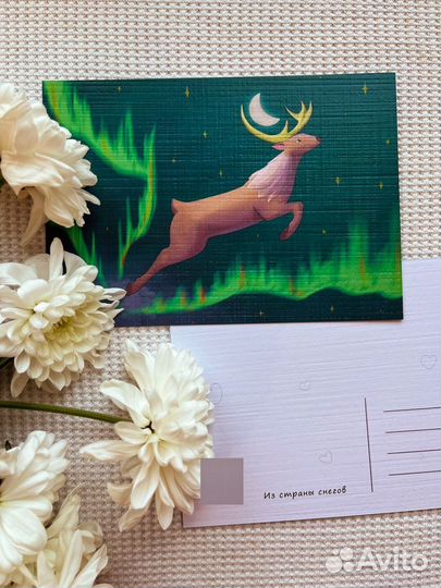 Почтовая открытка с оленем и северным сиянием