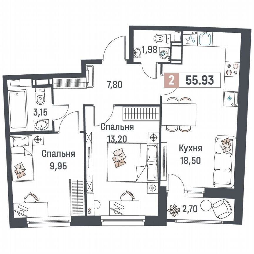 2-к. квартира, 55,9 м², 18/18 эт.