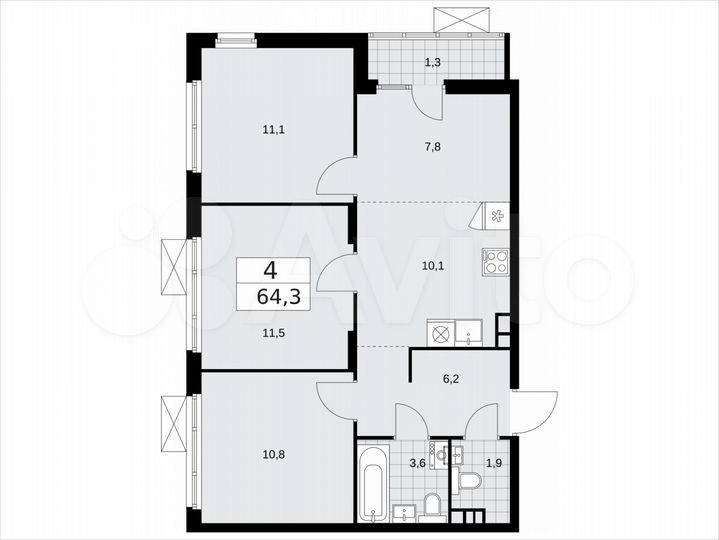 4-к. квартира, 64,3 м², 7/15 эт.