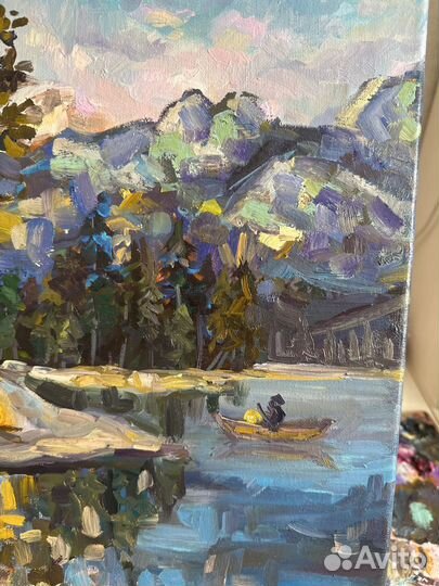 Картина маслом на холсте пейзаж горы лес домик
