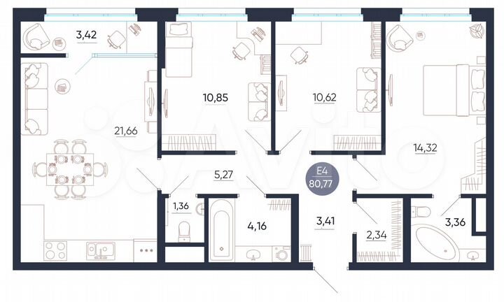 3-к. квартира, 80,8 м², 22/25 эт.