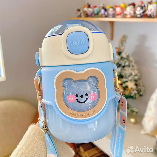 Термокружка синяя новая с мишкой