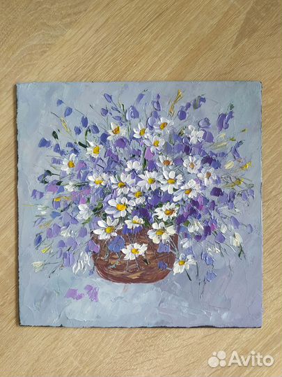 Картина маслом Букет колокольчиков и ромашек