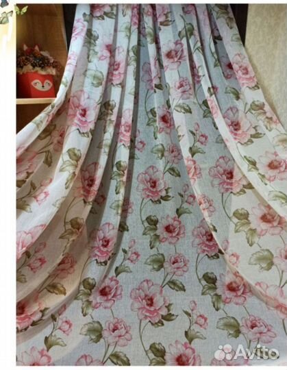 Тюль лён батист цветы розовый