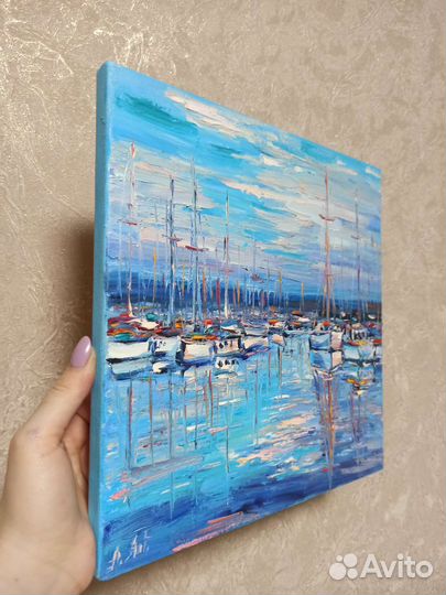 Картина лодки пейзаж маслом море бухта с лодками