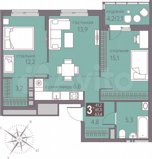 3-к. квартира, 63,4 м², 4/16 эт.