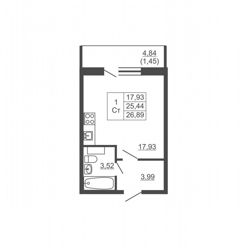 Квартира-студия, 26,9 м², 13/16 эт.