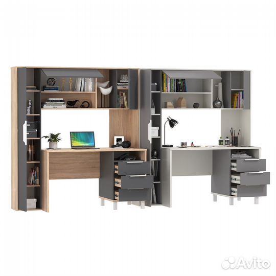 Два рабочих стола с надстройкой Mobi Комфорт 12.95N белый/серый шифер/дуб сонома/серый