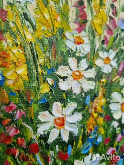 Картина маслом с цветами ромашки натюрморт холст