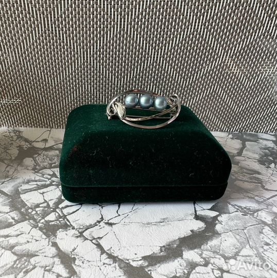 Брошь с голубым жемчугом серебро патина винтаж