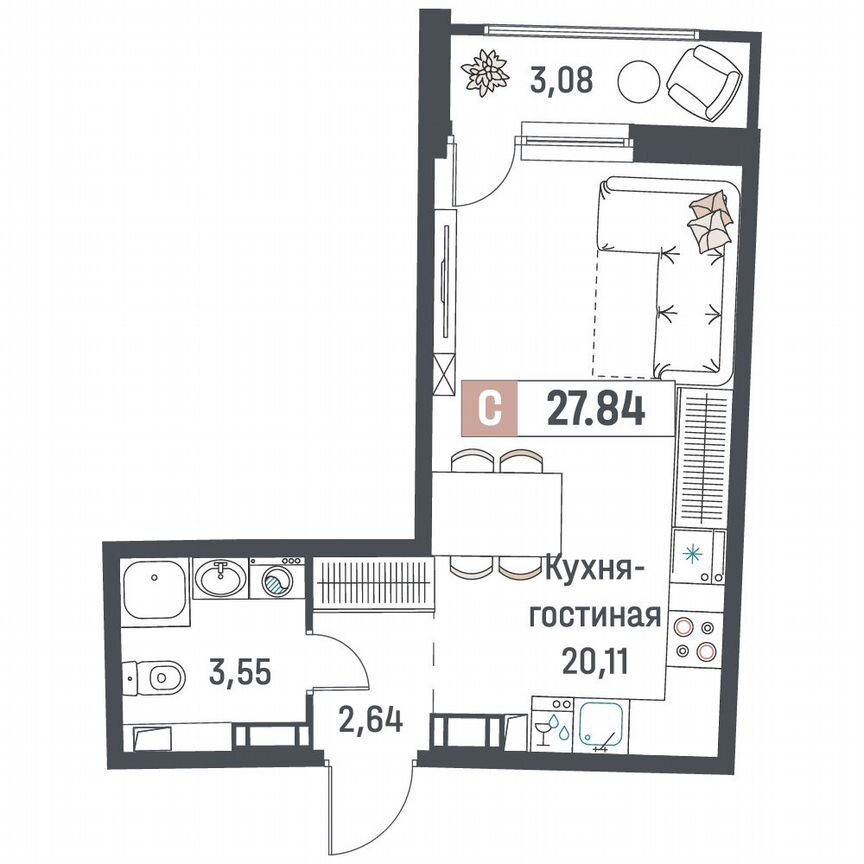 Квартира-студия, 27,8 м², 14/18 эт.