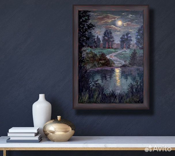 Картина маслом Лесной пейзаж Лунная ночь