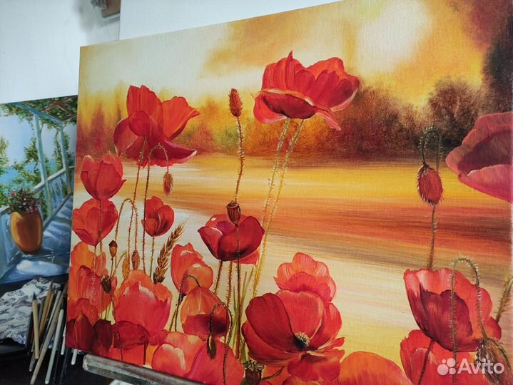Картина маслом Маки пейзаж полевые цветы 40*50