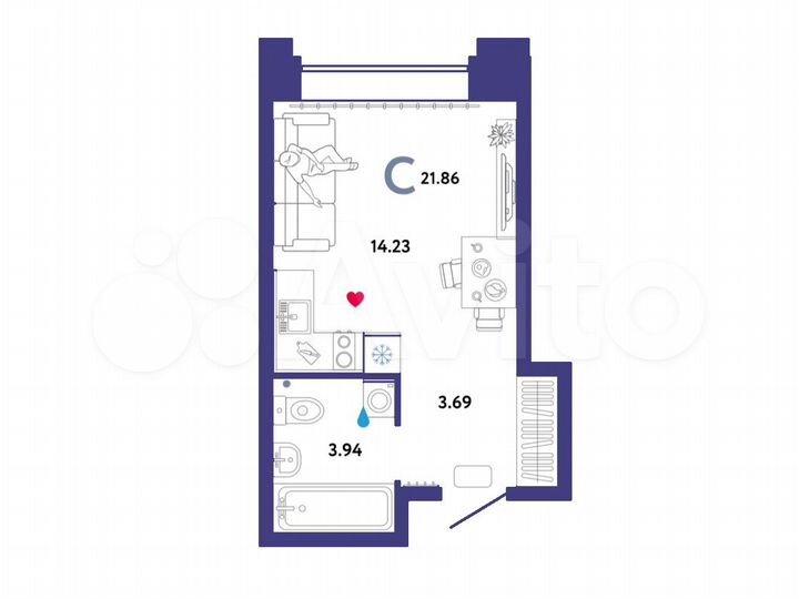 Квартира-студия, 21,9 м², 30/31 эт.