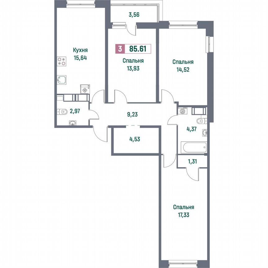 3-к. квартира, 85,6 м², 14/16 эт.