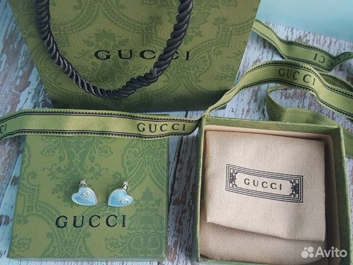 Серьги Gucci голубые сердечки