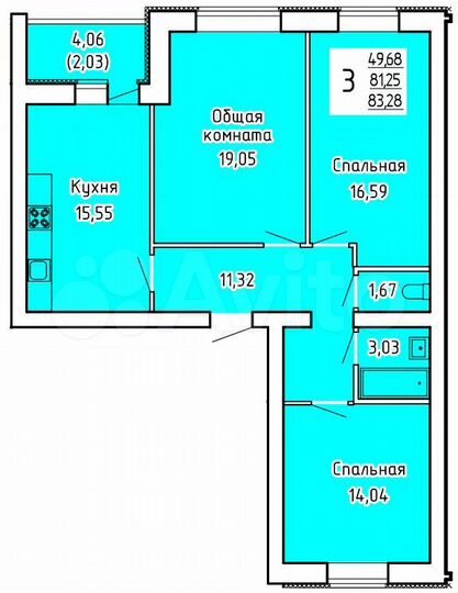 3-к. квартира, 83,3 м², 3/9 эт.