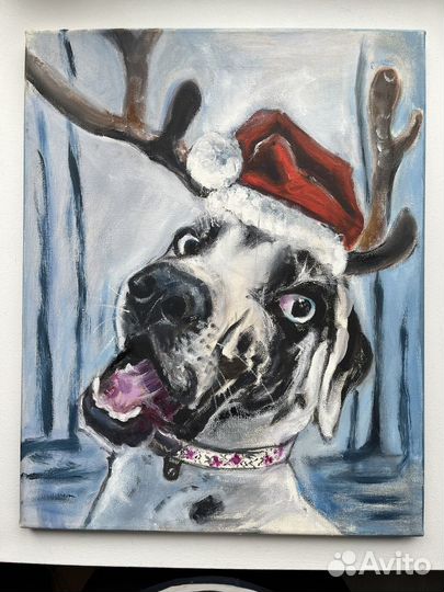 Картина маслом Собака Новый Год Смешная 50х40 см