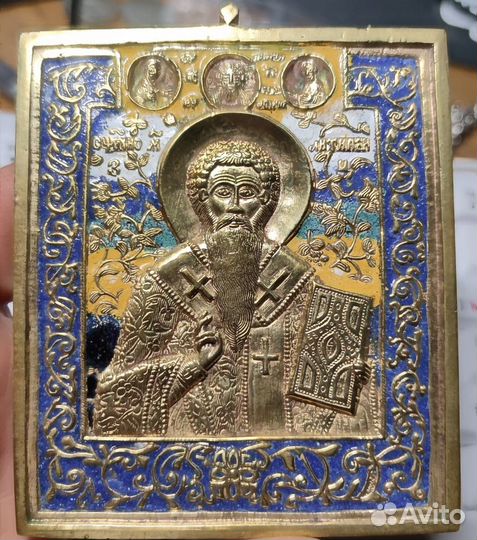 Меднолитая икона святой Антипий Пергамский эмали