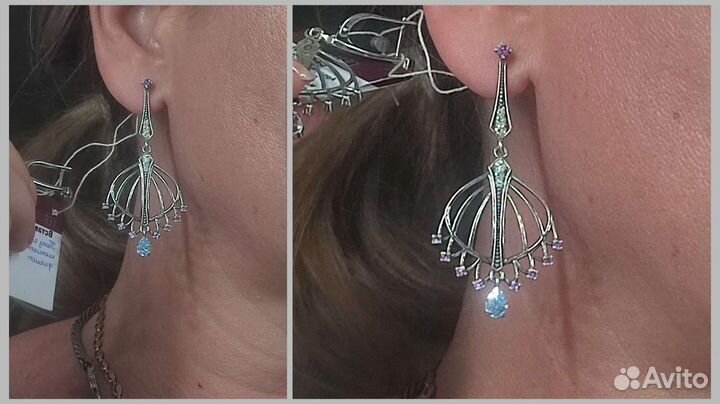 Серьги топазы и аметисты, 65*30мм, 10,69гр, 925