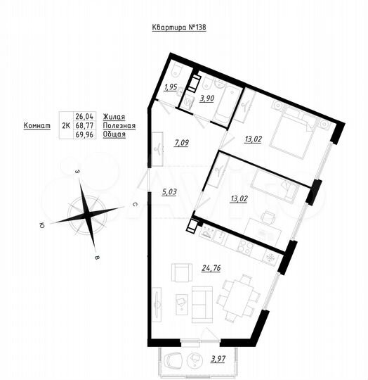 2-к. квартира, 70 м², 4/5 эт.