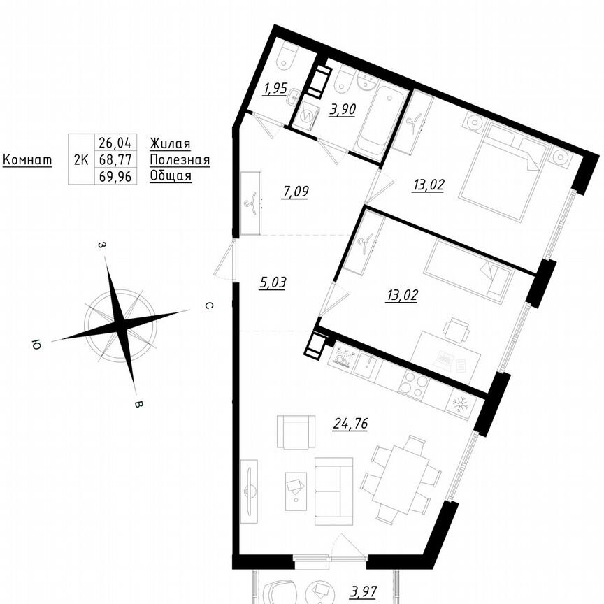 2-к. квартира, 70 м², 4/5 эт.