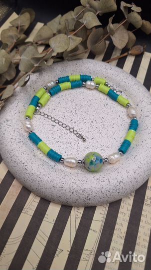 Чокер из каучука, жемчуга и муранского стекла