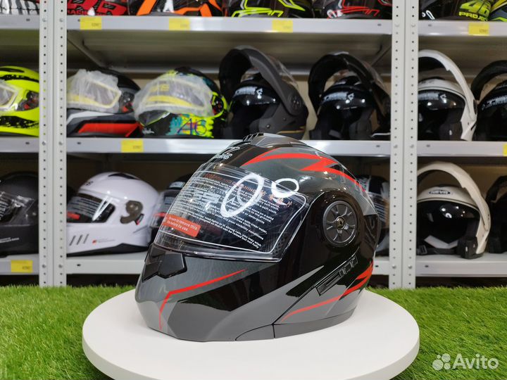 Мотошлем-модуляр. Черный глянцевый с красным