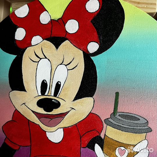 «Мини Маус с кофе» масло, холст на подрамнике