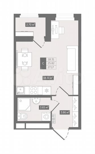 Квартира-студия, 27,2 м², 2/12 эт.
